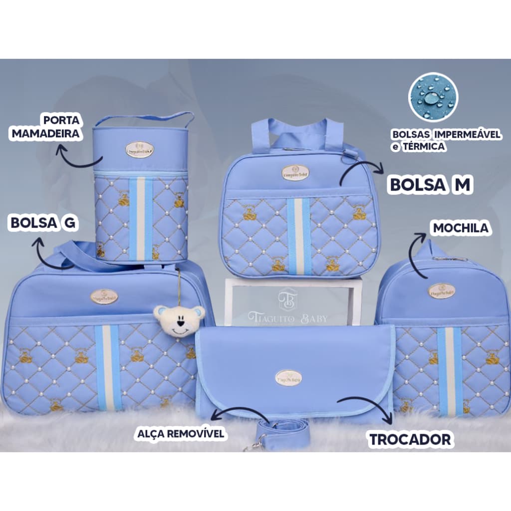 Kit Bolsa Maternidade Urso Com Perola  5 Peças (Azul)