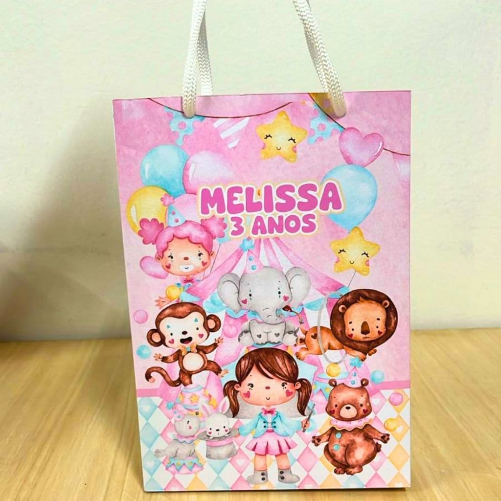 30 Sacola Personalizada Circo Rosa 20x14,5x5 | Pegue e Monte | Lembrancinhas Festa | Brinde Tags |Fazemos Todos os Temas