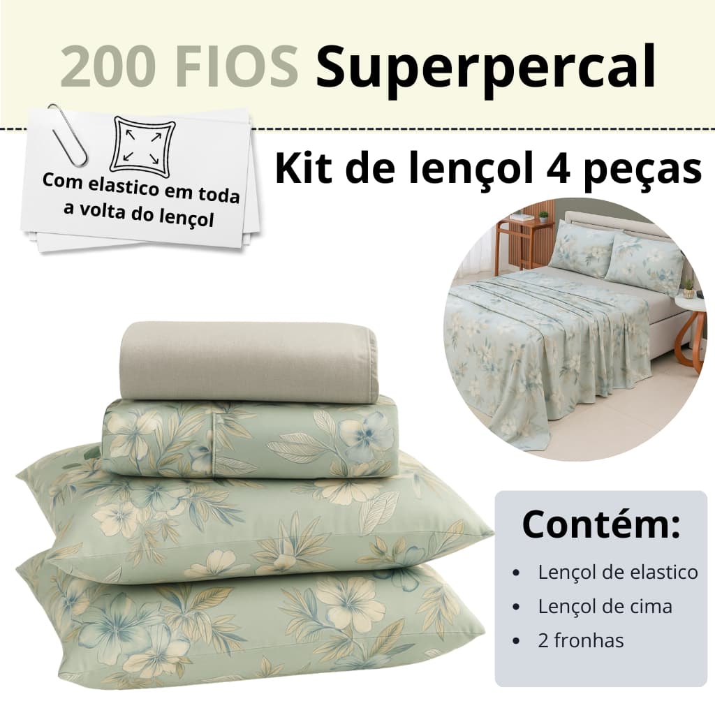 Lençol Casal/Queen Percal 200 Fios – Toque Macio, Hipoalergênico, 100% Poliéster + 2 Fronhas