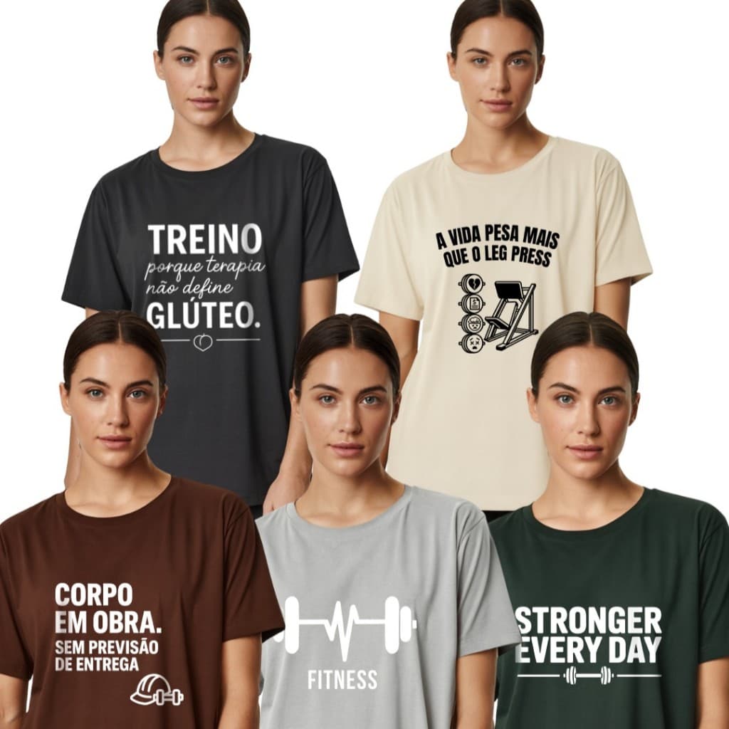Kit 5 Camisetas Feminina de Academia Treino Algodão Blusa Leve Fitness Estampada
