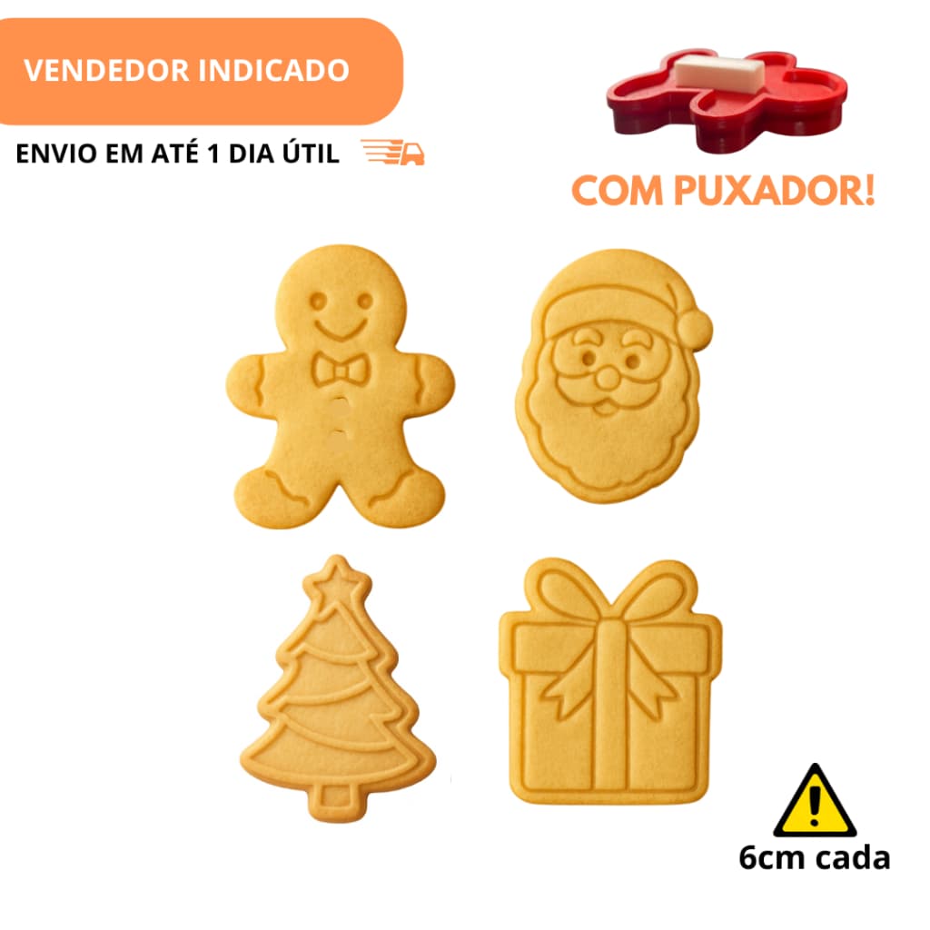 Kit com 4 mini peças de cortador e marcador de biscoitos de Natal / gingerbread / papai noel / árvore / presente - 6cm
