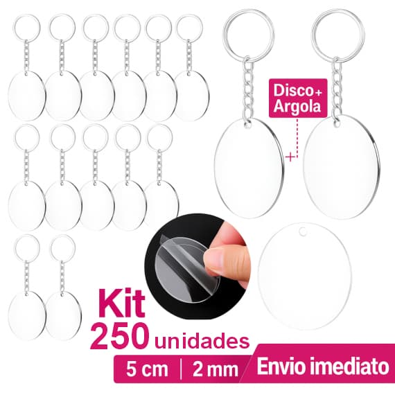 Kit 250 Discos Acrílico 5cm com Furo 3mm + Argolas de Chaveiro para Personalizar