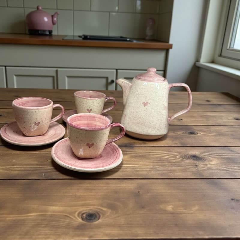 Conjunto Chaleira Bule De Cerâmica Com 3 Xícaras Pintado a Mão Decorado Coração