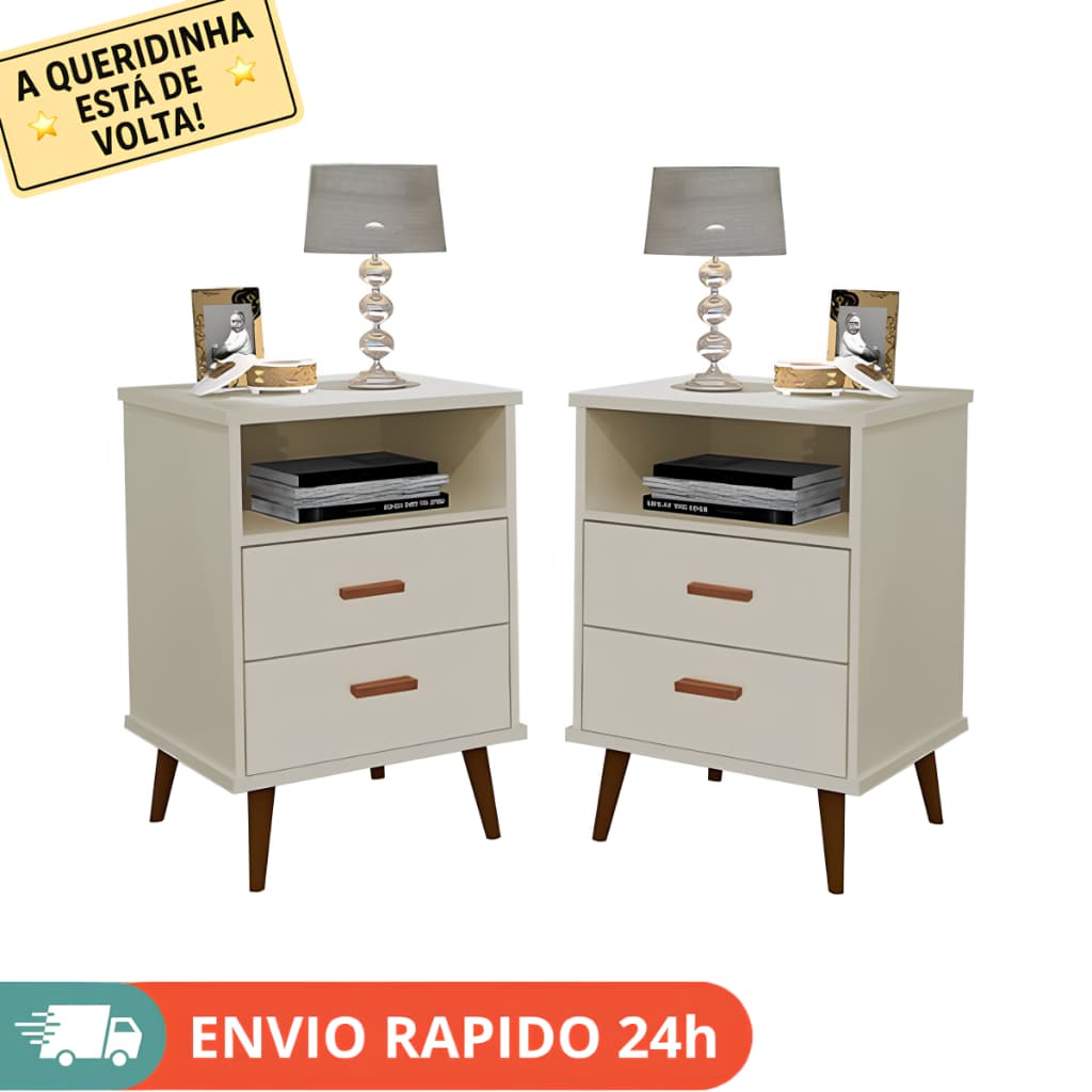 Kit 2 Mesas De Cabeceira Itália Com Nicho Para Quarto 2 Gavetas Retrô Pés Palitos Cor Off White