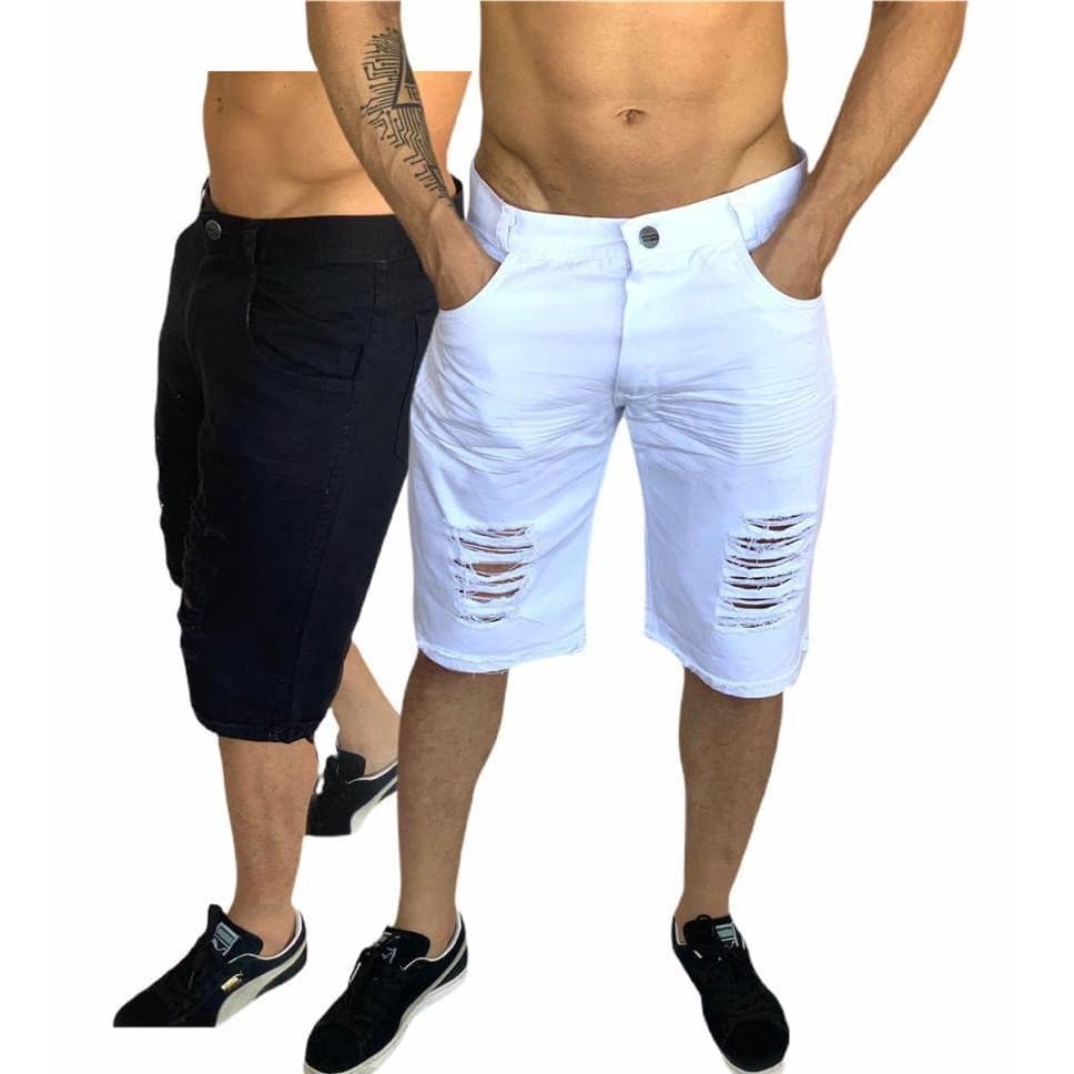 Bermudas masculinas Jeans rasgada Branca Com Lycra Slim Fit Presente Promoção Ano novo 2025
