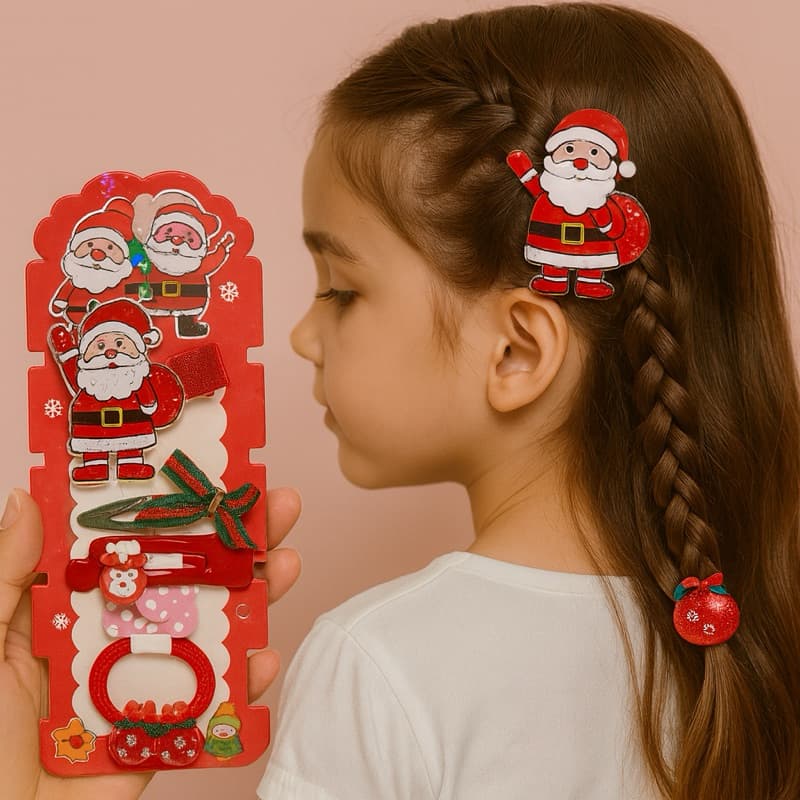 Kit Presilhas e Elásticos Infantil de Natal – Acessórios para Penteados Natalinos | Laços, Presilhas e Enfeites Temático