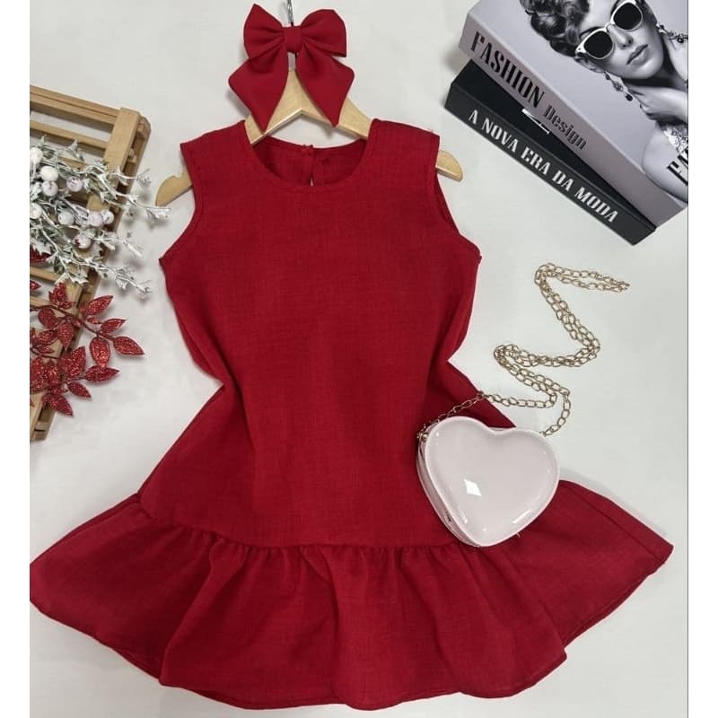 Vestido Infantil Feminino Natal Ano Novo Laço nas Costas/Vestido Vermelho Infantil Menina/Roupa de Meninas