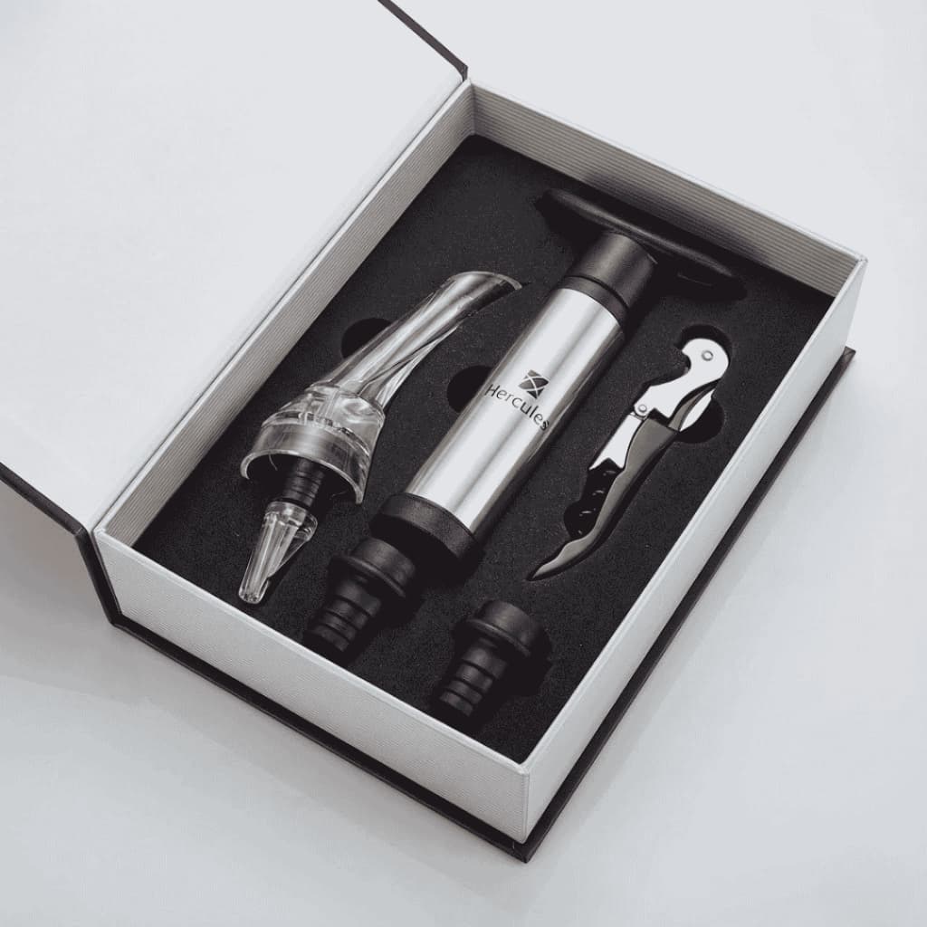 Kit Acessorios Para Vinho Hercules 5 Pecas Com Saca Rolhas Garcom Bomba Vacuo Aerador Presente