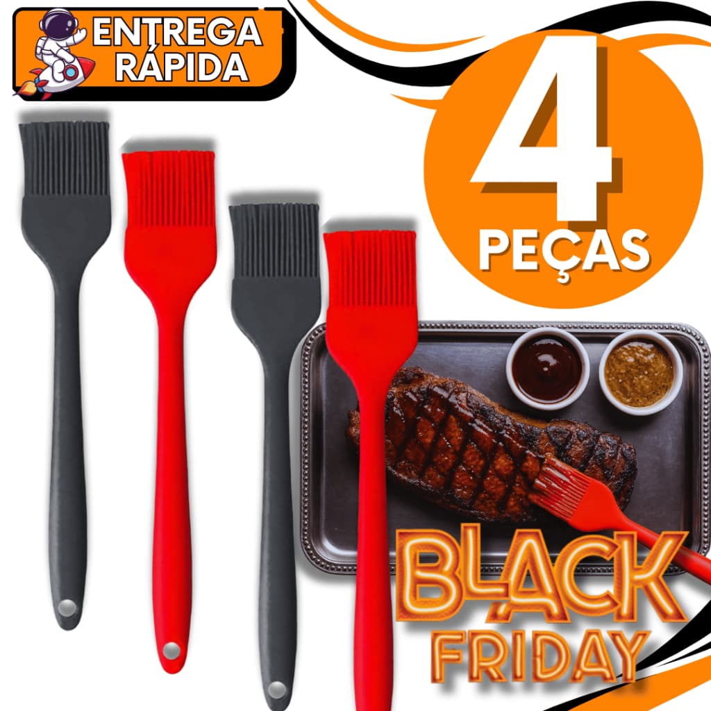Jogo 4 Unidades Pincel Culinário de Silicone 25cm Multiuso para Untar e Pincelar Alimentos Cozinha Confeitaria Churrasco