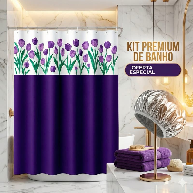 Kit Cortina Banheiro Box Impermeável 1,35x2m Sortida + Touca Térmica Metalizada