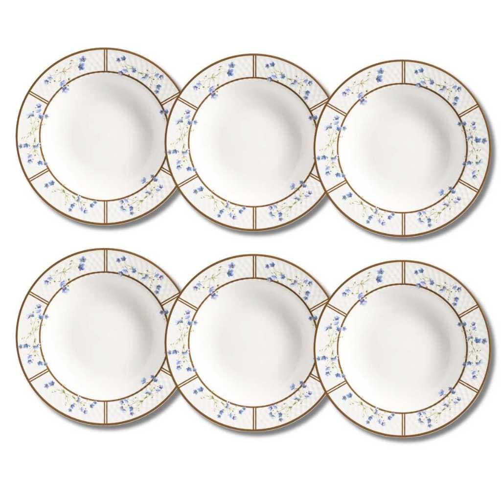 Jogo 6 Prato Fundo De Jantar Ceramica Branco Florido Alleanza 25cm