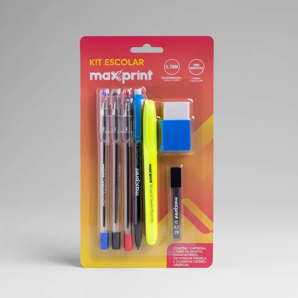 Maxprint Kit Escolar Completo 7 Pecas Lapiseira Caneta Marca Texto Grafite Borracha Volta as Aulas