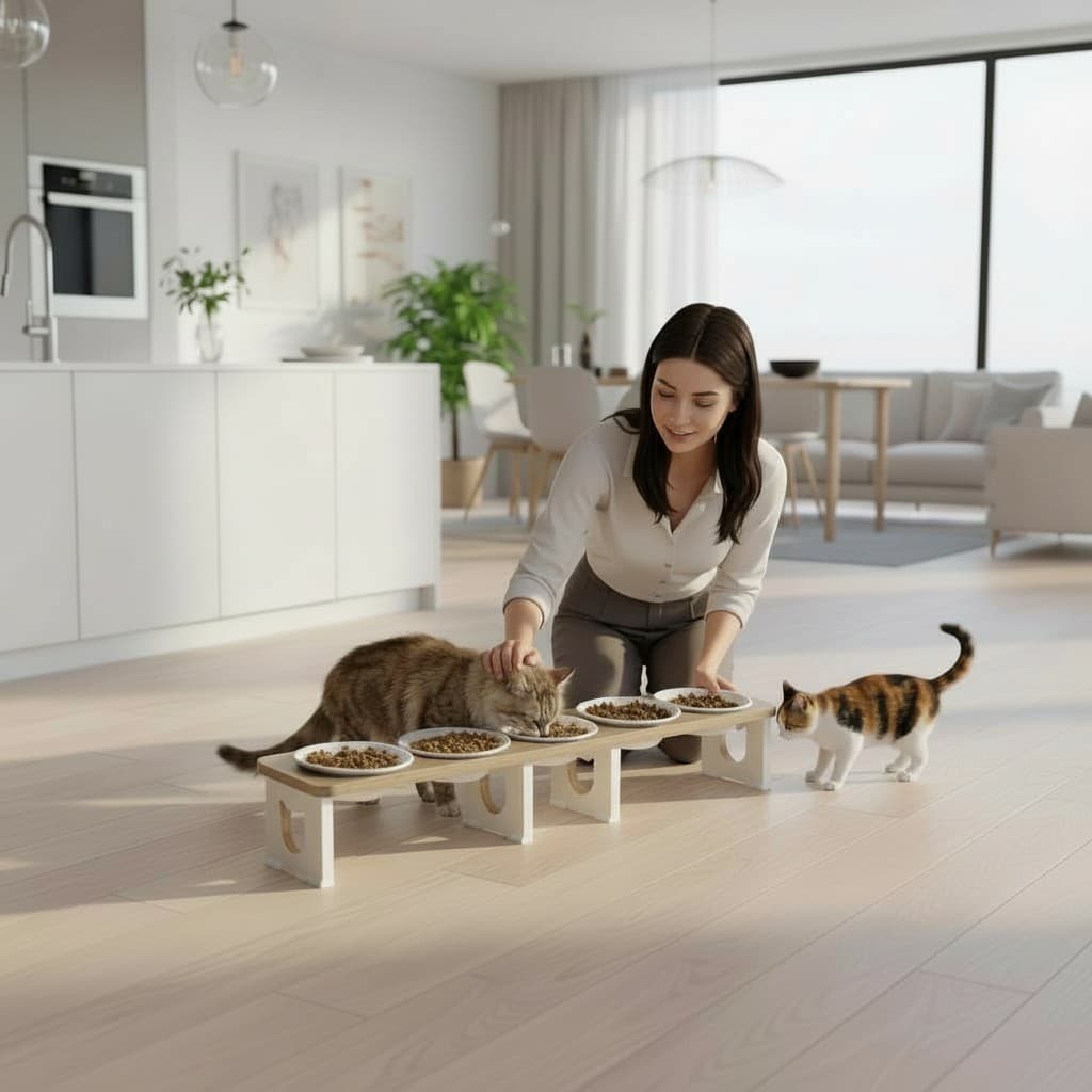 Comedouro Quintuplo Gato 5 Tigelas Porcelana Elevado Ergonômico MDF Pet
