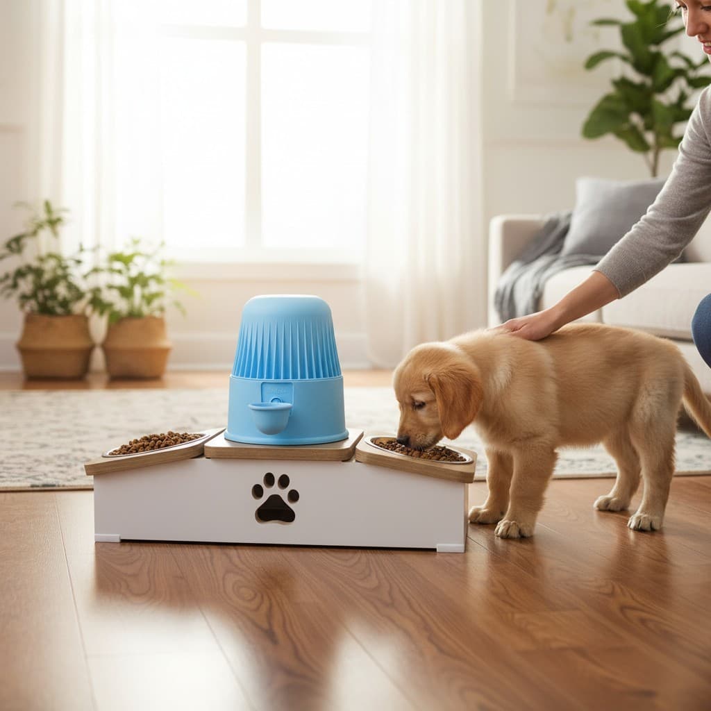 Comedouro Cachorro Elevado Duplo Premium MDF Inox Porcelana - Base Bebedouro Híbrido
