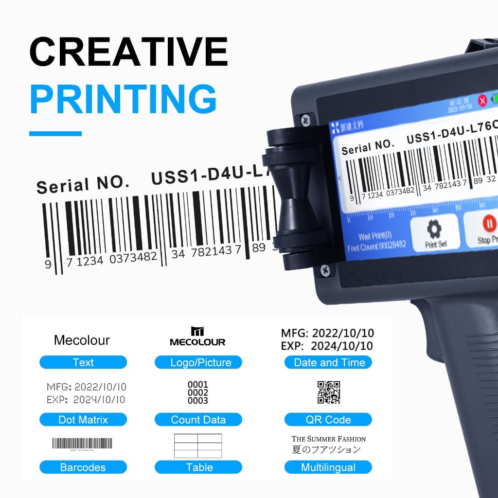 Impressora a jato de tinta portátil de 12,7 mm com suporte para impressão de logotipo, data e texto MECOLOUR