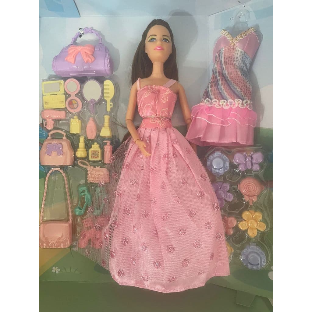 Boneca Fashion Beauty com Vestido Rosa + Acessórios e Roupinha Extra | Presente Infantil