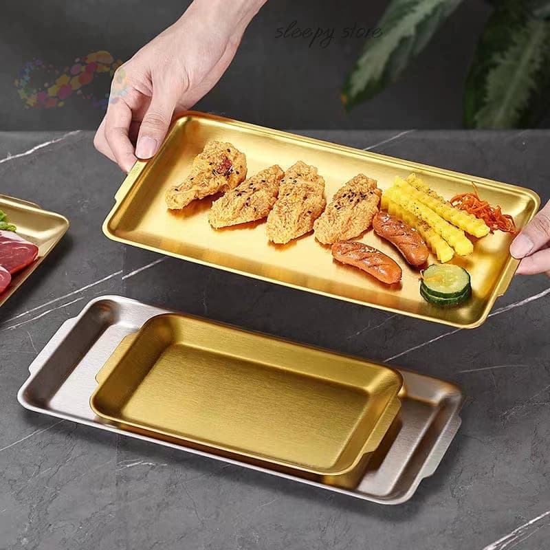 Bandeja retangular para alimentos em aço inoxidável 304 dourado