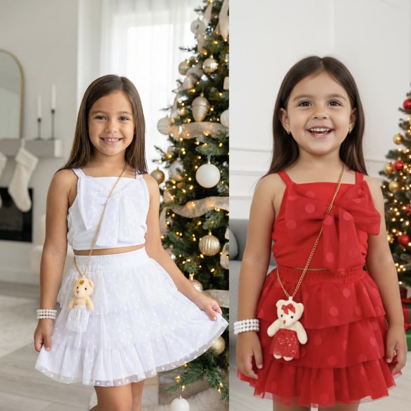 Conjunto Infantil Festa –Roupa Fim de Ano - Natal e Ano Novo -Reveillon- Bloguerinha- Branco & Vermelho Tamanho 2 ao 10