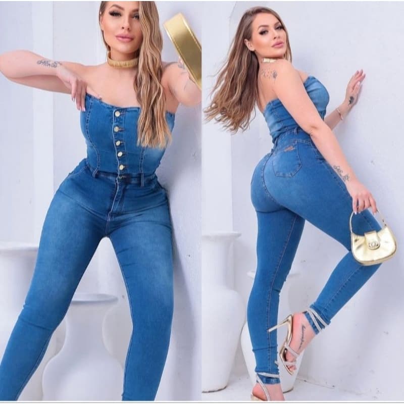 MACACÃO JEANS FEMININO COM LYCRA MANGA CURTA  SKINNY TOMRA QUE CAIA 38/42