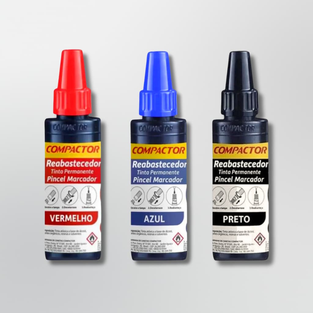 Kit 3 Reabastecedor Refil Tinta Pincel Marcador Permanente Compactor - 30ml Preto, Azul e Vermelho