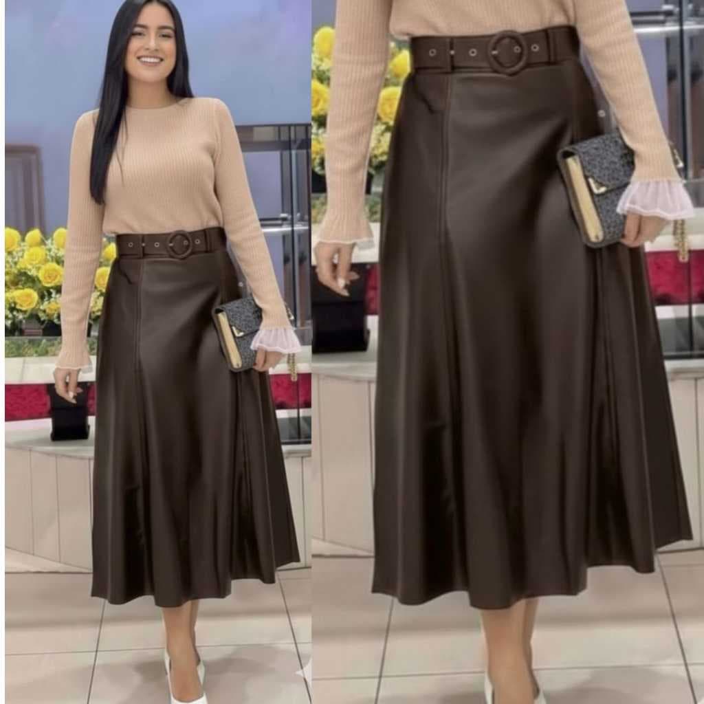 Saia Godê Midi Couro Fake Rodada Cintura Alta Social Elegante, Moda Evangélica