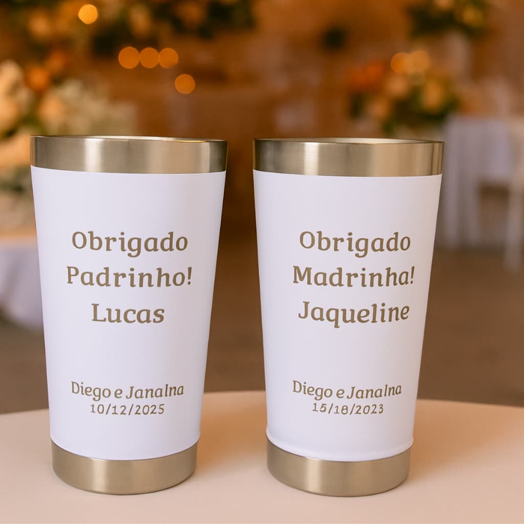 kit 2 copo térmico convite PADRINHO MADRINHA DINDA E DINDO personalizado com  Nomes  e Data