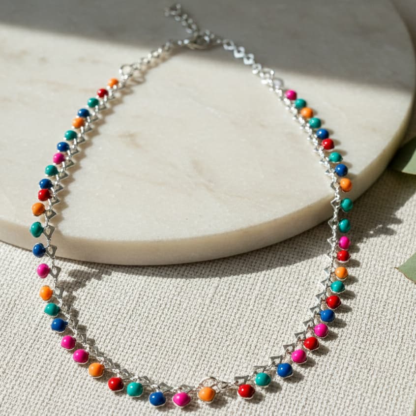 Colar Chocker Folheada Esmaltada Colorida Banhada A Prata