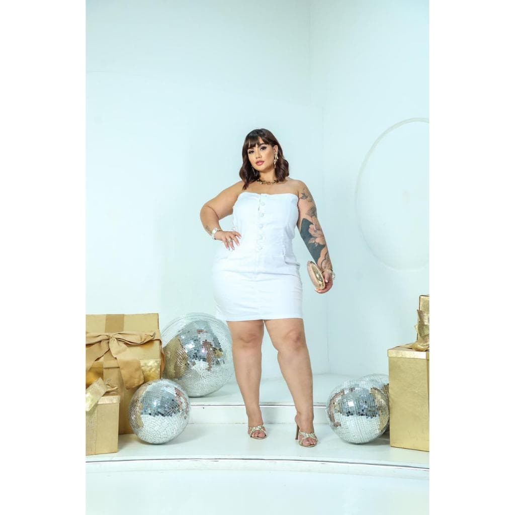 Vestido Curto Tomara Que Caia Jeans Branco Plus Size Tamanhos Grandes