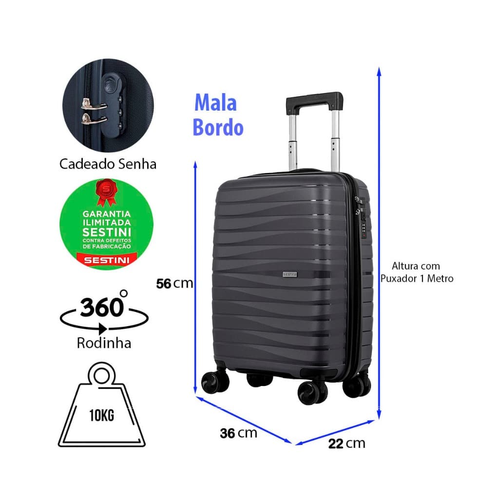 Mala Bordo Sestini 10 kg Rodas Giratória 360º Cadeado Tsa Anti-Furto ABS Férias