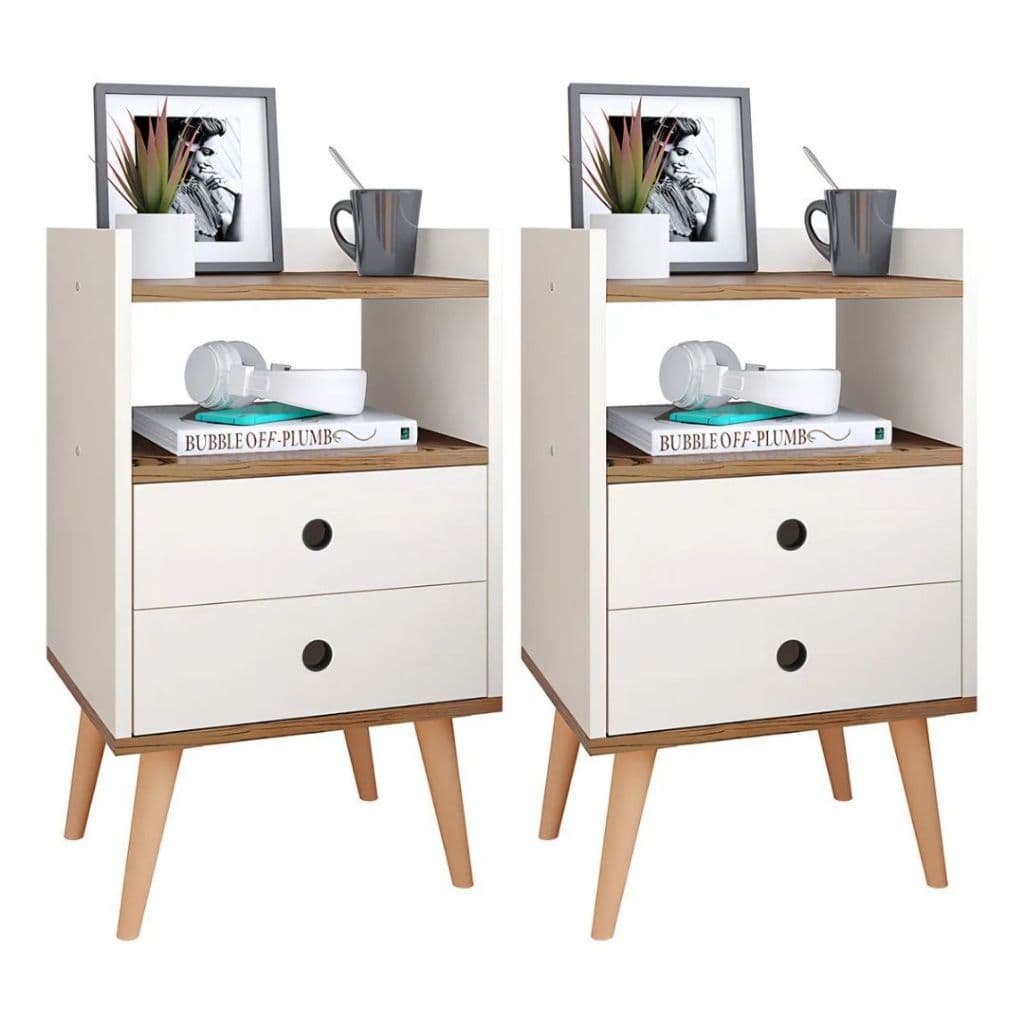 Mesa De Cabeceira Dream Retrô Criado 2 Gavetas Pés Palito Kit ou Unitário Quarto Organizador Nicho