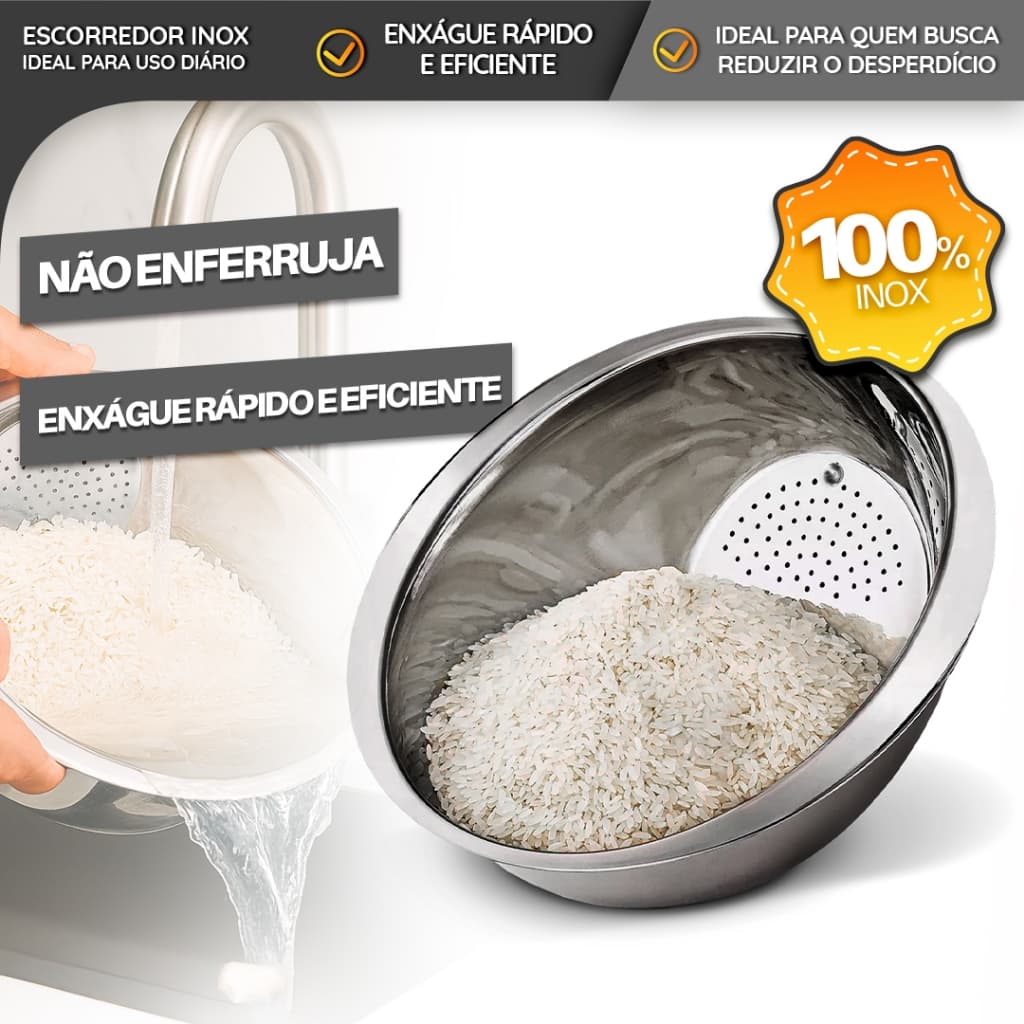 Escorredor de Arroz Inox Premium com Dreno Inclinado Arroz, Legumes e Massas