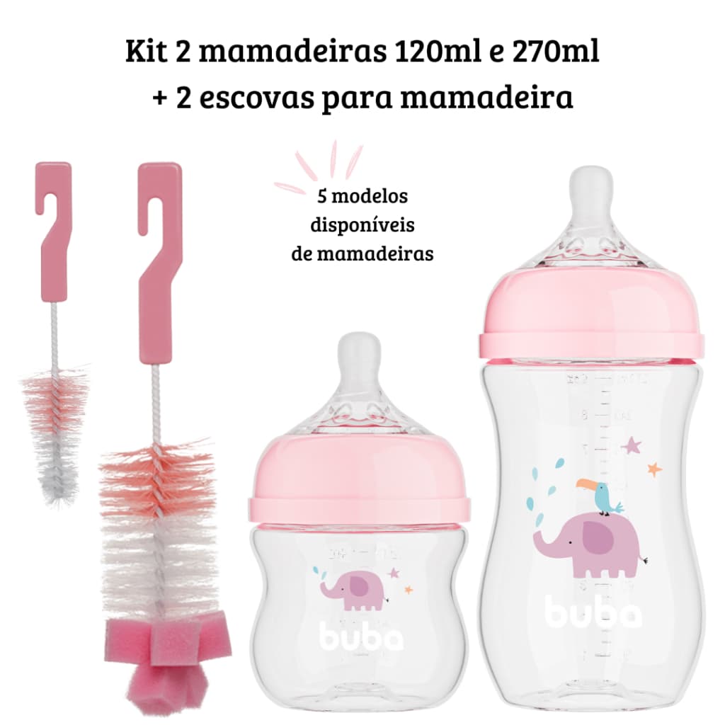 Kit 2 Mamadeiras Buba 120/270ml Anticólica Bico Fluxo 1 e 2 + Kit Escovas Para Lavar Mamadeira Bico