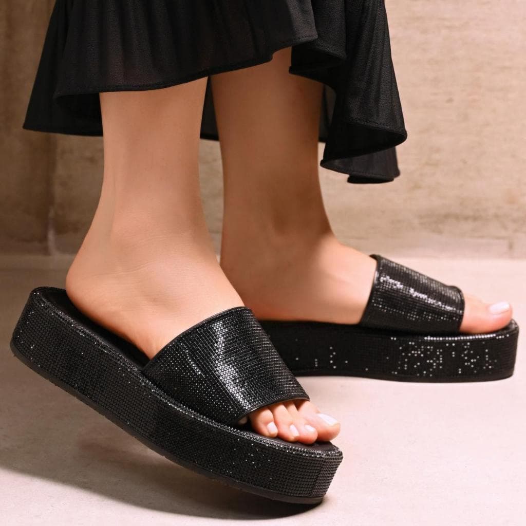 Sandália Feminina Plataforma Flatform com Aplicações Brilhantes Premium