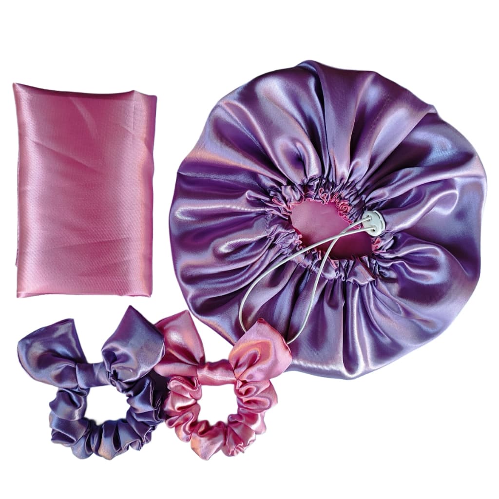 Kit 1 Touca Cetim Com Dupla Face + 1 Fronha + 2 Scrunchies