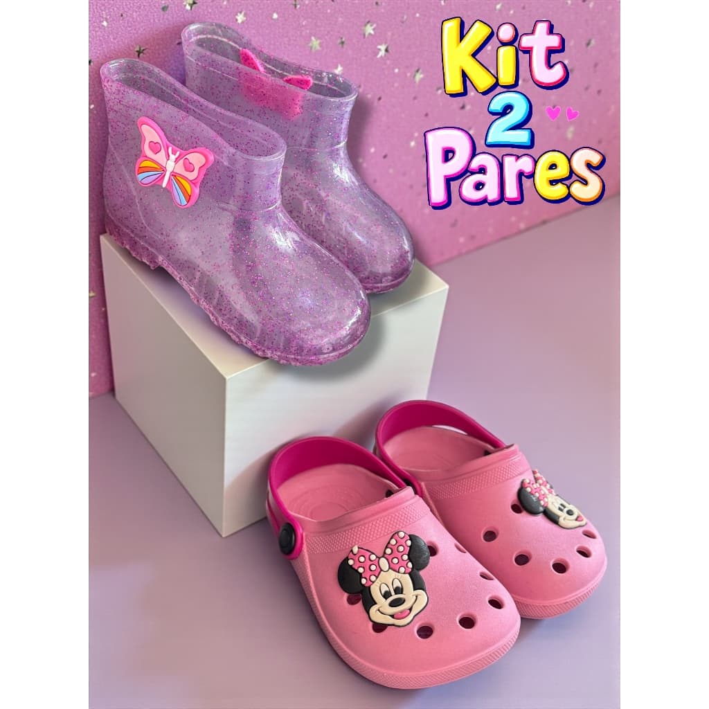 Kit 2 Pares Galocha Babuche Infantil Menina Feminina Confortável Impermeavel