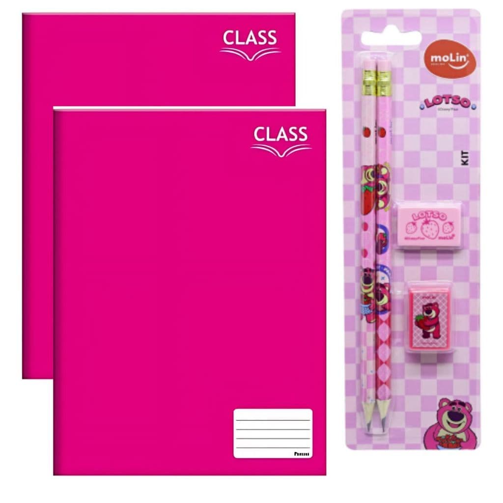 Kit Escolar Lotso  2 Caderno Rosa brochura  + Lápis HB + Borracha + Apontador Volta às Aulas