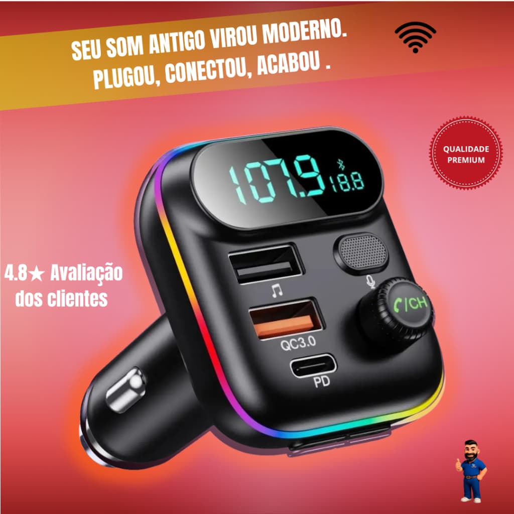 Transmissor FM Bluetooth Kapbom KA-C170 / KA-C171 – Carregamento Turbo USB-C 🚗🔥 De R45,99 por até 30,40!