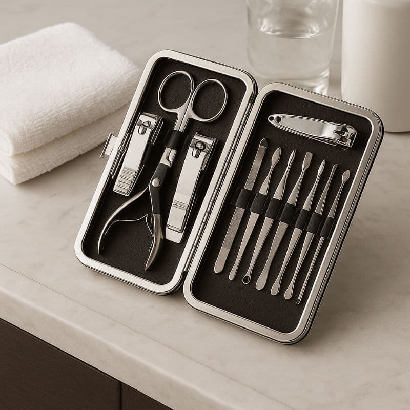 Kit Manicure e Pedicure 12 Peças Inox com Estojo Portátil Completo para Cuidados com as Unhas