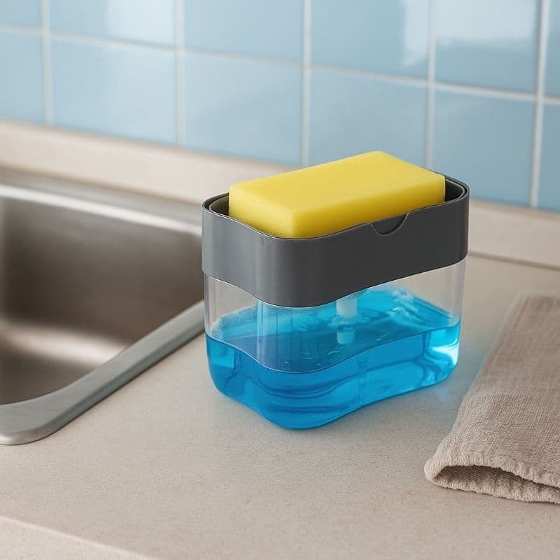 Dispenser Detergente 2 em 1 Dosador com Esponja – Porta Detergente e Suporte para Pia de Cozinha