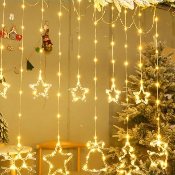 Cortina de Luz LED Amarela em Cascata com Estrela, Lua, Papai Noel e Neve | Decoração Iluminada