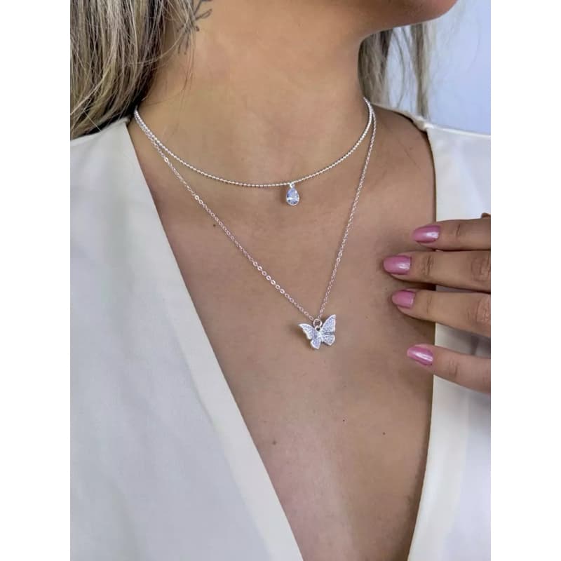 Colar Feminino Borboletas Duplo Minimalista Banhado Prata Choker Elegante