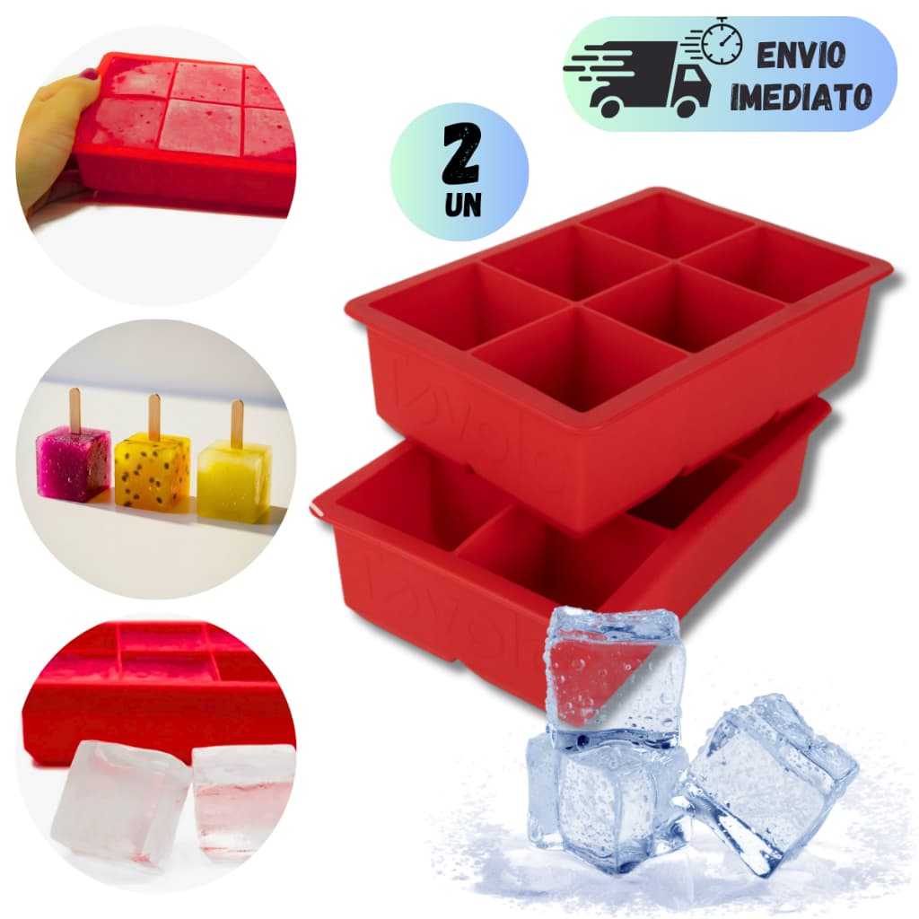 KIT 2 FORMAS DE GELO EM SILICONE FLEXIVEL RETANGULAR 6 CUBOS GRANDE PARA DRINK FORMA CUBO