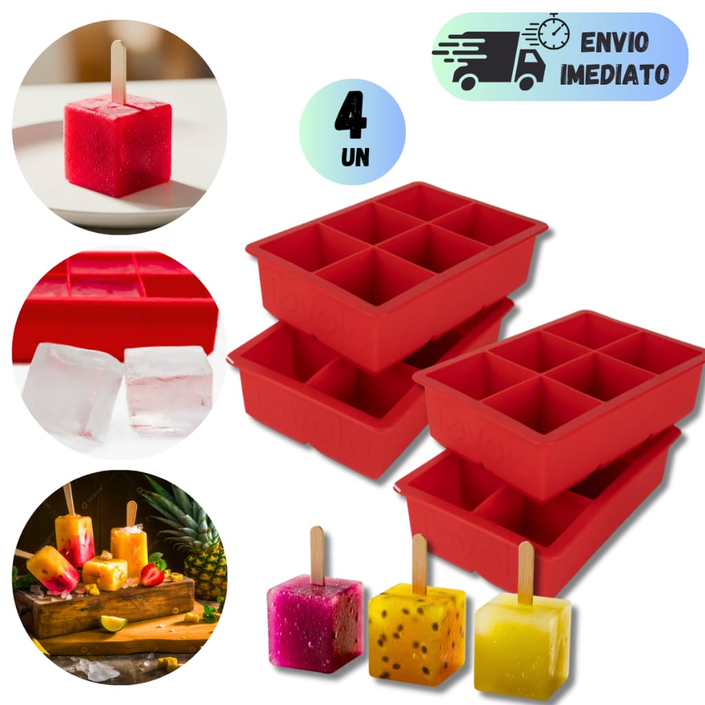 KIT 2 A 4 FORMAS DE GELO FLEXIVEL SILICONE REUTILIZAVEL RETANGULAR 6 CUBOS GRANDE PARA DRINK COM