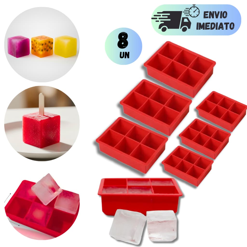 KIT 2 A 8 FORMAS DE GELO RETANGULAR EM SILICONE FLEXIVEL 6 CAVIDADES GRANDE PARA DRINK COM REUTILIZAVEL