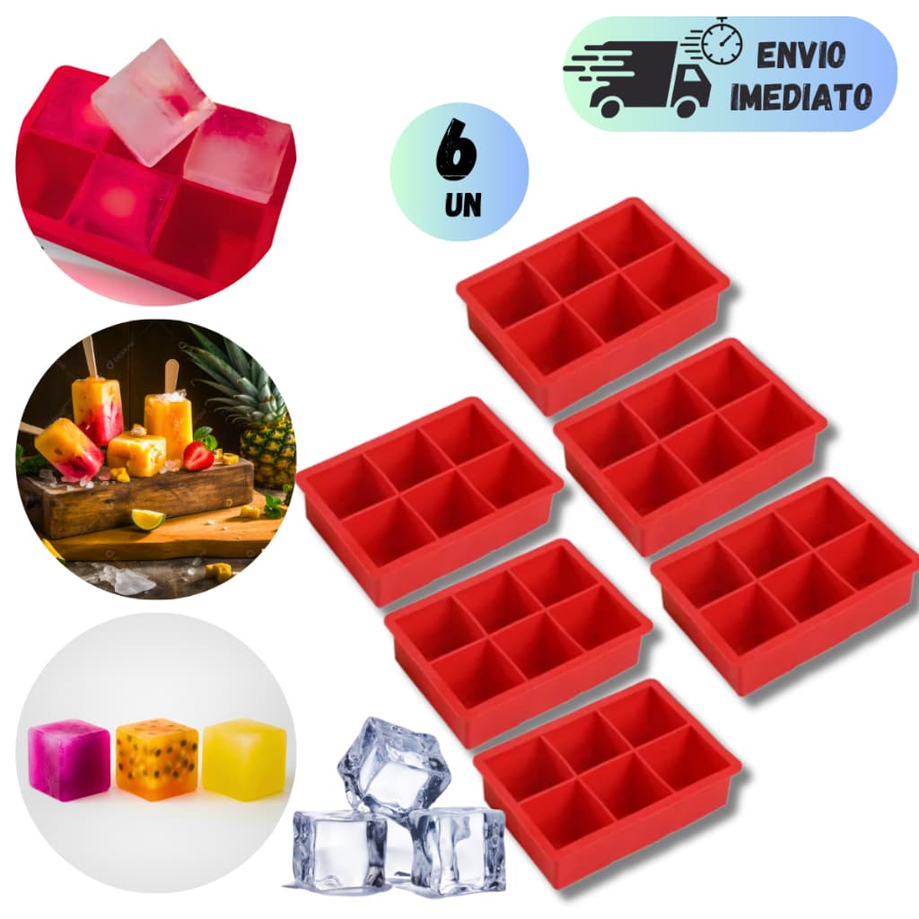 KIT 2 A 6 FORMAS DE GELO EM SILICONE FLEXIVEL 6 CUBOS RETANGULAR CAVIDADE REUTILIZAVEL VERMELHO DRINK COM