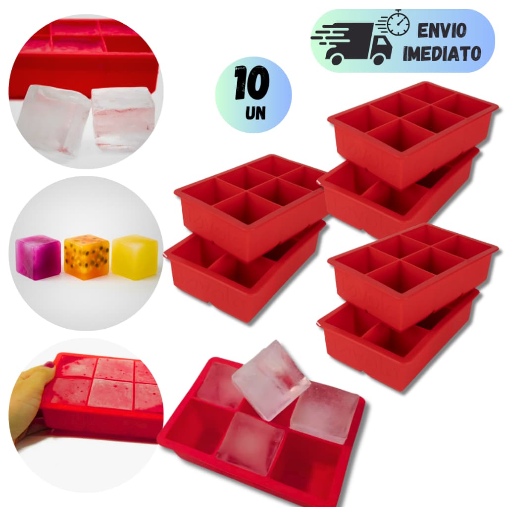 KIT 4 A 10 FORMAS DE SILICONE FLEXIVEL 6 QUADRADOS GRANDE VERMELHO REUTILIZAVEL PARA DRINK VERMELHO