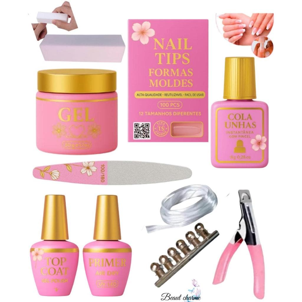 Kit Unha de Gel Completo Manicure Alongamento Alicate + Top Coat + Primer +100 Unhas tips + Gel + Fibra de Vidro + Lixas