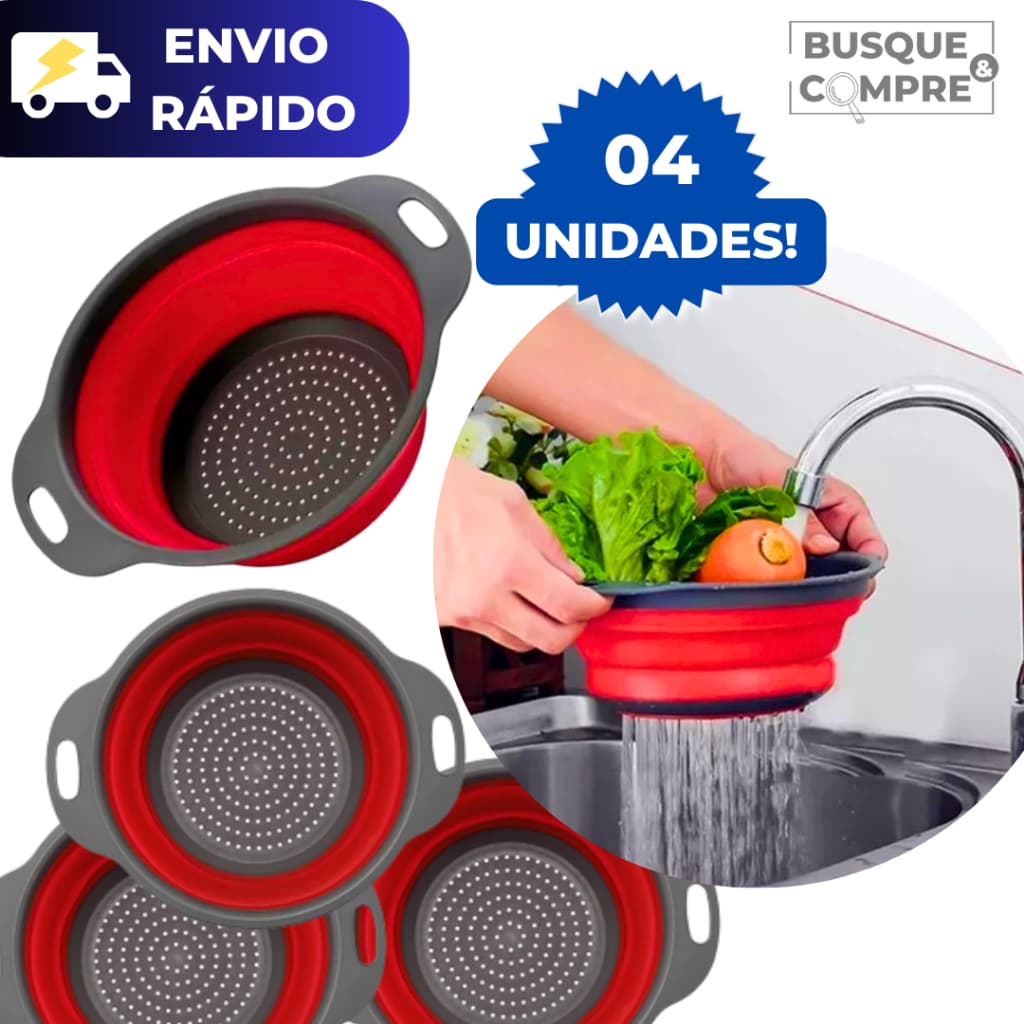 Kit 4 Escorredores para Alimentos Redondo de Silicone Retrátil Dobrável Legumes Macarrão Frutas