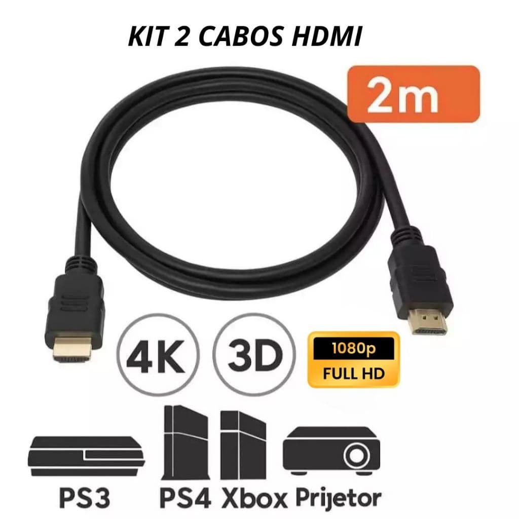 Kit 2 Cabos HDMI 2 Metros Alta Definição 4K 3D para TV PS3 PS4 Xbox Projetor