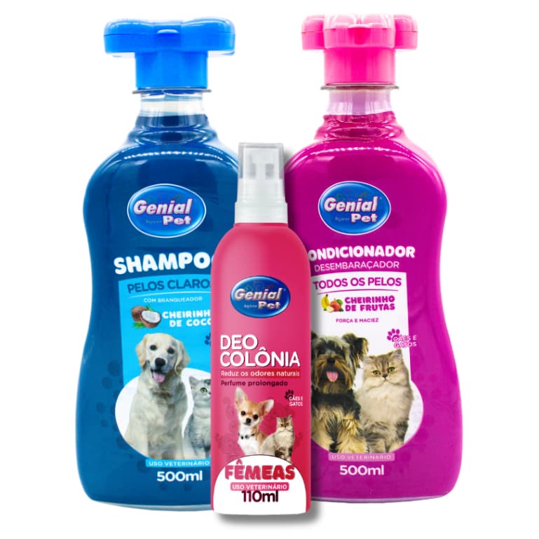 Kit Shampoo Clareador Pelos Claros, Condicionador e Deo Colônia para Cães e Gatos